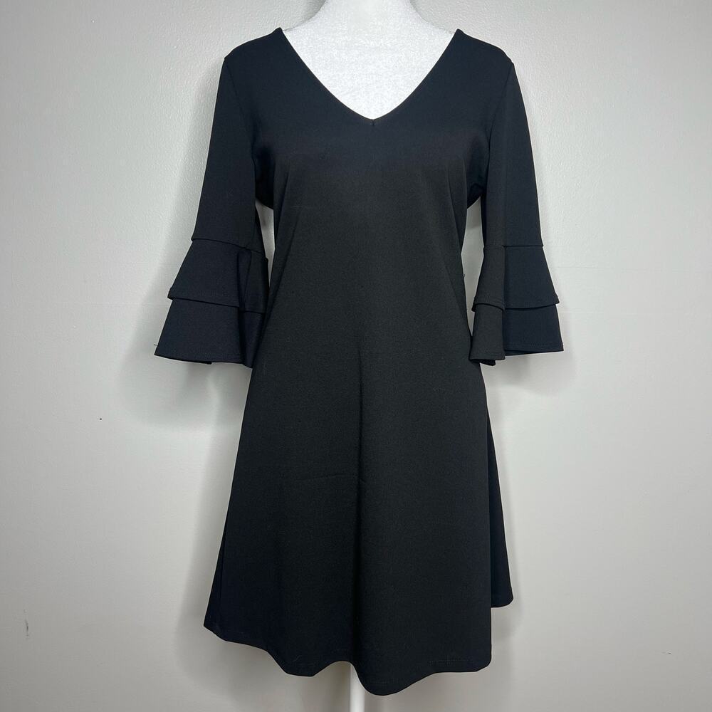Women's Black Bell Sleeve Mini Dress V-Neck Size M. Stretch A-Line LBD Witchy